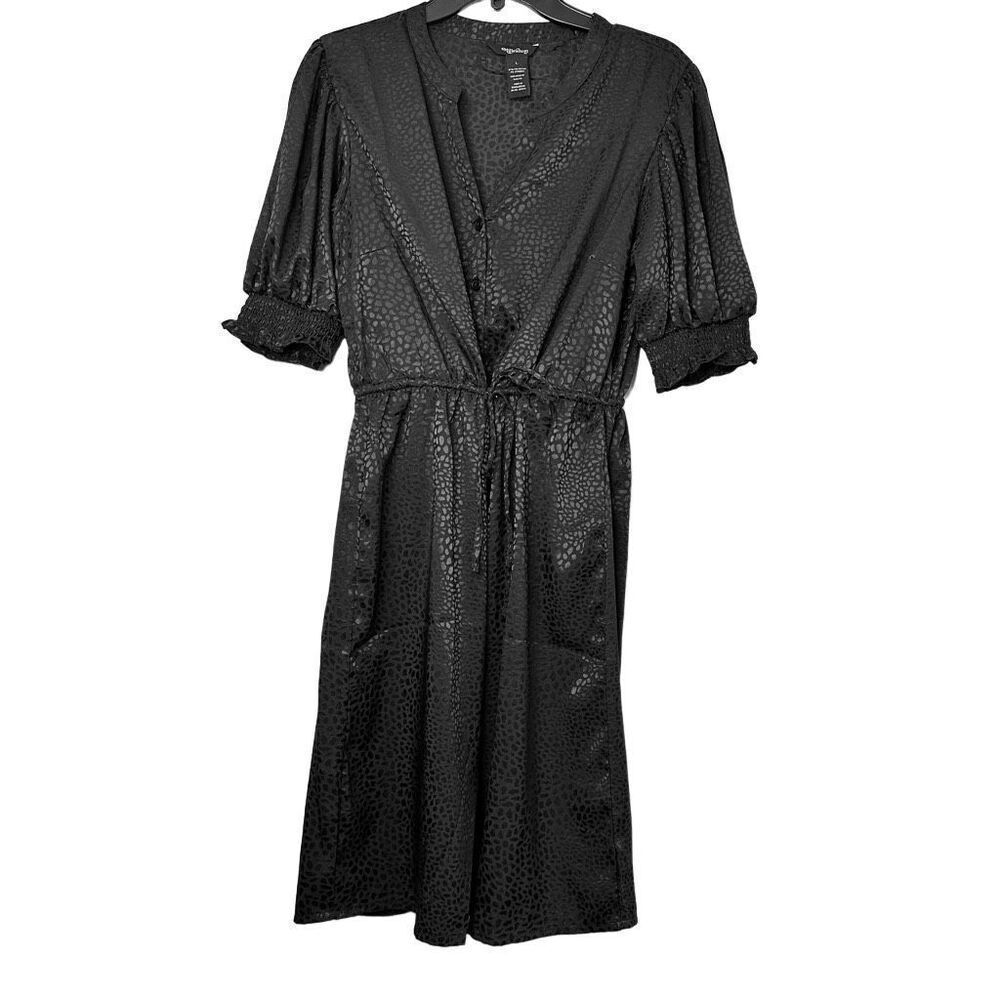 Millenium Button Front Smocked Sleeves Textured Satin Tie Waist Dress Black Larg